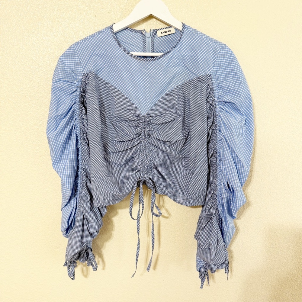 NWT SANDRO Formidable Blue Ruched Stripe Mixed Media Crop Top size 3/large - Picture 5 of 12